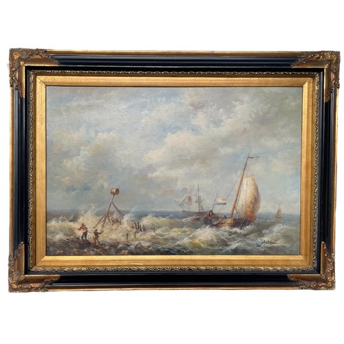 182 - French Sailing Barge, Oil on canvas, Signed Arthur, Framed