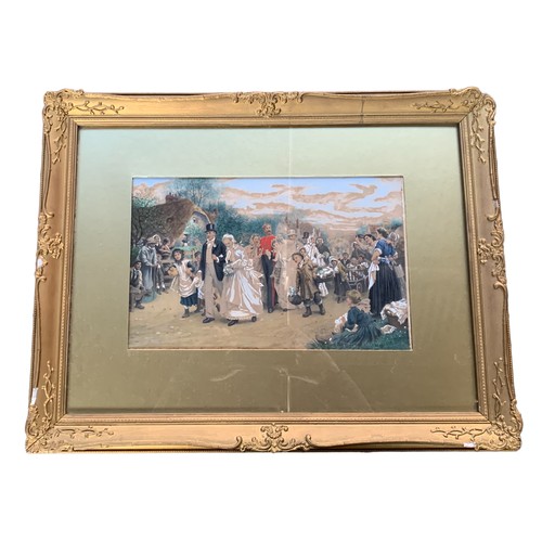 185 - Highlighted Watercolour Overprint, 'Village Wedding',  Framed, Signed

23 x 37cm