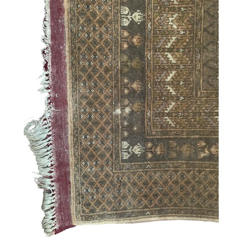 196 - Rectangular Hatchli Rug, on faded amber ground with stylised motifs, four small guard stripes and th... 