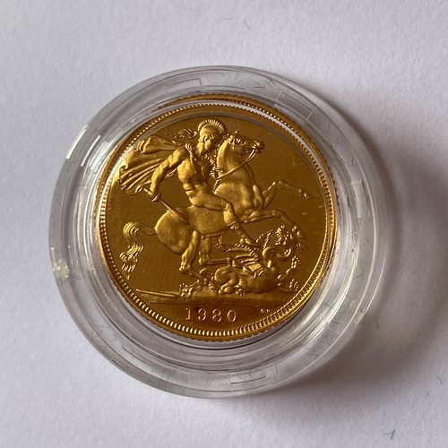 139 - 1980 Proof Sovereign in perspex display container and outer  protective case