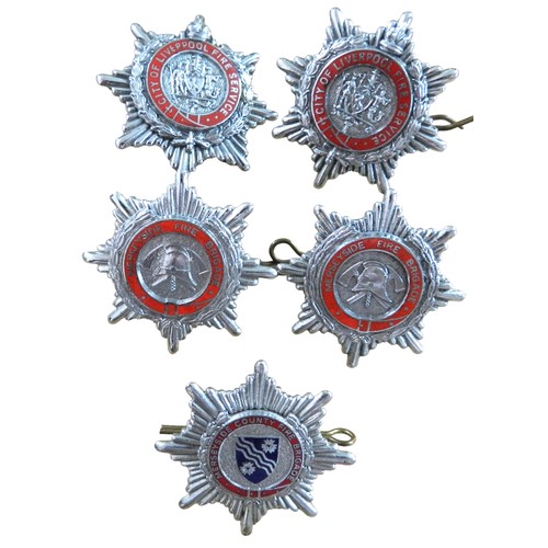 64 - Vintage Fire Brigade - 5 x Liverpool & Merseyside Fire Brigade cap badges, 1 defective lug (5)