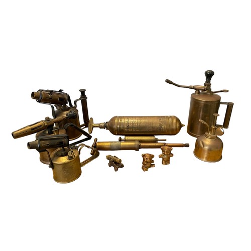 80 - A Collection of Vintage Brass Tools including blowtorches, oil cans, grease guns, a small cannon & o... 