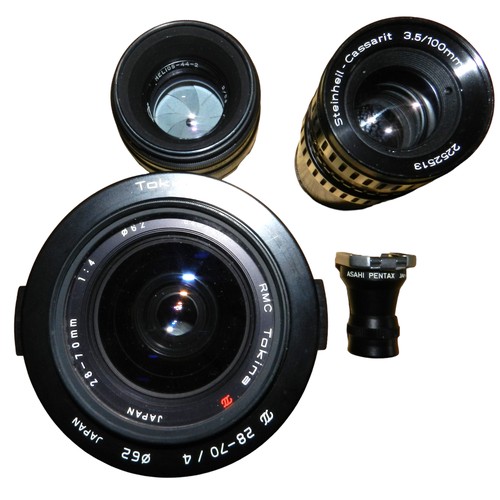 253 - 4 x M42 fitting lenses.. Tokina 28mm-70mm, Steinheil Cassarit 100mm, Helios 44 2, Asahi Pentax viewf... 