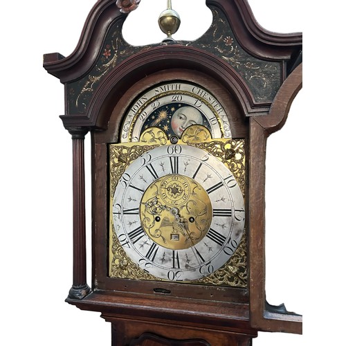 264 - JOHN SMITH, CHESTER, EIGHTEENTH CENTURY MAHOGANY CROSSBANDED OAK LONGCASE CLOCK WITH ROLLING MOON PH... 