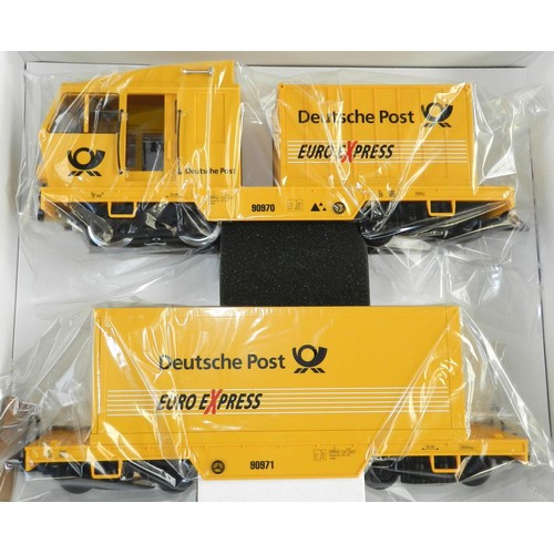 4 - LGB G gauge 20970 Deutsche Post Sprinter set with container & trailer wagon. Boxed new.