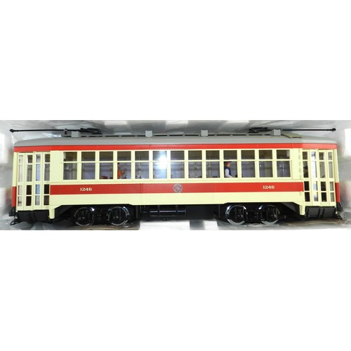 12 - LGB G gauge 21382 Street car with sound. Boxed new but with some sun bleaching to box.