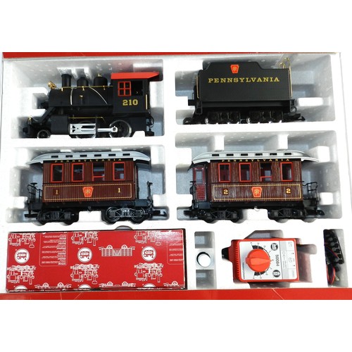 19 - LGB G gauge 78323 Boxed starter set. 2-4-0 loco & tender, 1st & 2nd carriages. Pennsylvania. New.