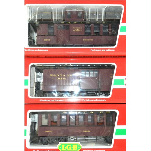 25 - LGB G gauge (3) 38805 'Santa Fe' carriage; 48755 Baggage & Express Car; 38845 Stock Car. All boxed n... 