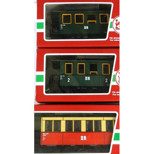 27 - LGB G gauge (3) 31610 'Deutsches Reichsbahn' carriages, cream/red; 38074 green; 31065 No. 2, green. ... 