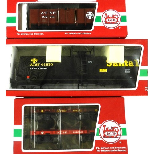 34 - LGB G gauge (4) Rolling stock. 4000 2 x Bogie Wagons; 41870 Tanker Wagon; 45210 Open Wagon. ATSF. Al... 