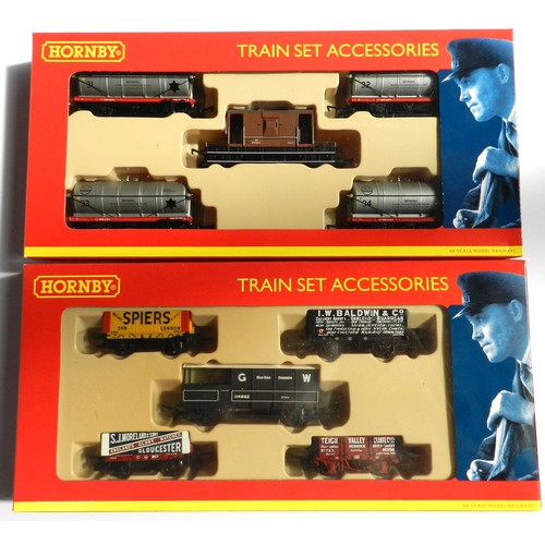 52 - Hornby 00 gauge. Accessories. 2 sets. 4 various tankers & box car; 4 various open wagons, 1 covered ... 