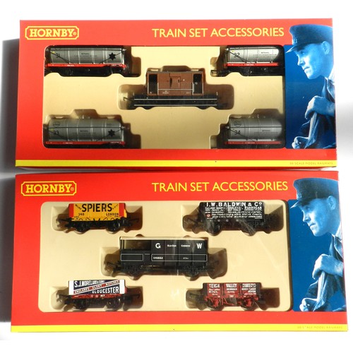 53 - Hornby 00 gauge. Accessories. 2 sets. 4 various tankers & box car; 4 various open wagons, 1 covered ... 