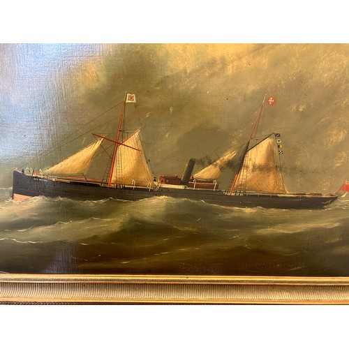 270 - Unsigned Framed oil painting of the Ben MacDui (possibly the Ben MacDhui) steam / sail coaster at se... 