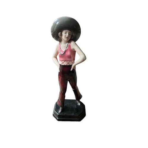 323 - An Art Deco Goldscheider Figure, by Stephan Dakon, modelled as a woman wearing a grey sombrero, dark... 