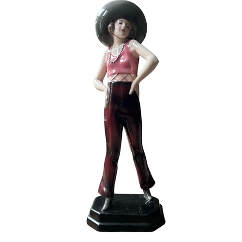 323 - An Art Deco Goldscheider Figure, by Stephan Dakon, modelled as a woman wearing a grey sombrero, dark... 