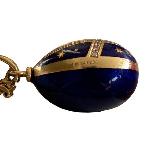 118 - Victor Mayer for Faberge, a limited edition 18ct gold diamond, blue chalcedony and blue enamel egg c... 