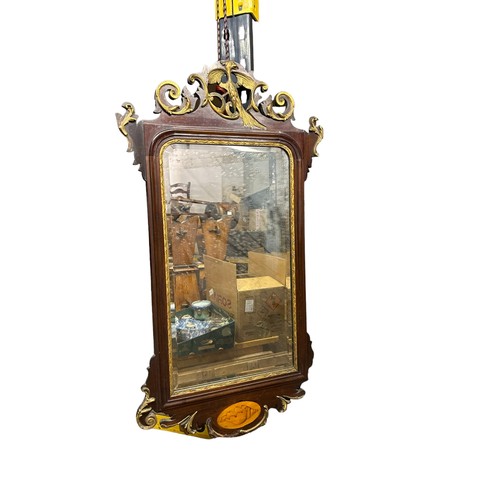 370 - Decorative Edwardian mahogany wall mirror, gilded eagle to top flanked by carvings and shell inlay b... 