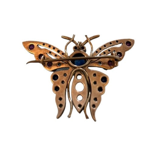 116 - Yellow Gold Antique Butterfly Brooch, silver mounted wings set with Garnets, Sapphires and chip diam... 