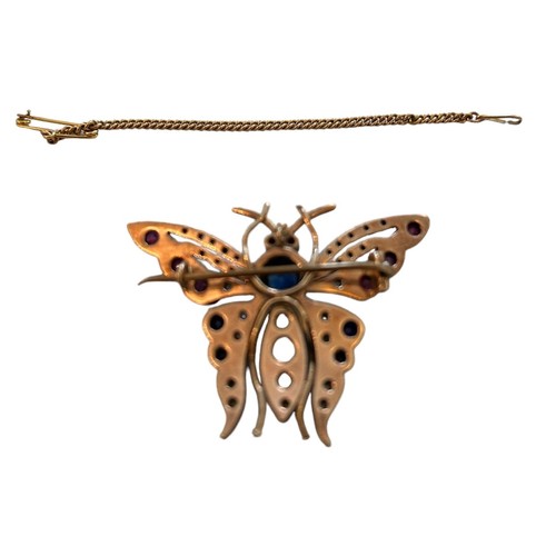 116 - Yellow Gold Antique Butterfly Brooch, silver mounted wings set with Garnets, Sapphires and chip diam... 