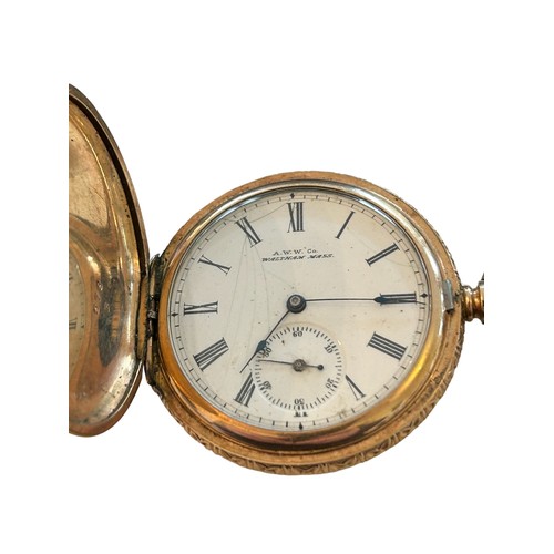 129 - Waltham Gold Plated Full Hunter Pocket Watch 
62.9g with fully engraved case