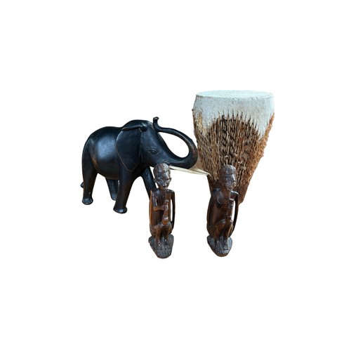 72 - African Tourist Items Carved Elephant with tusks, drum and carved figures also a lighter and penknif... 