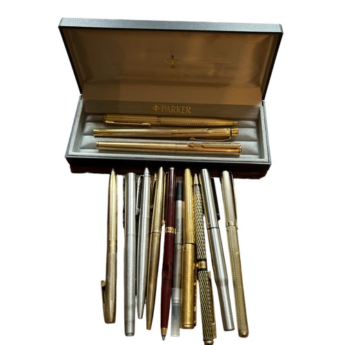 105 - A Collection of 11 vintage pens, one in 12ct gold plate Parker, messenger etc, four vintage lighters... 