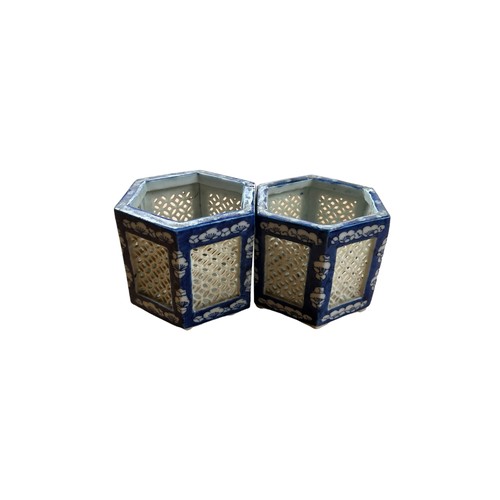 274 - Pair of Blue & White Hexagonal Pots (2)