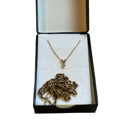 115 - Two 9ct Gold Necklaces
Hallmarked 6.8g
Fine chain stamped 375 with CZ Pendant 1g gross