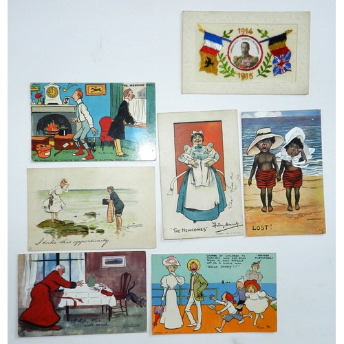 61 - Embroidered postcards (7). Unusual card with picture of King George V central with 1914 1915 motifs.... 