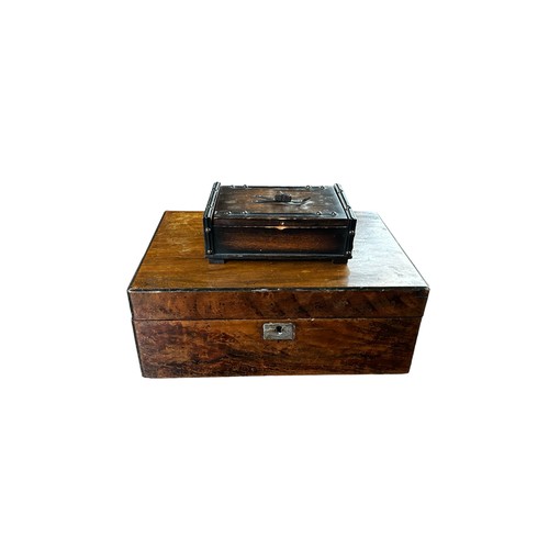 126 - Decorative Inlaid Writing Slope & a table top cigarette case with ski design also a wooden box conta... 