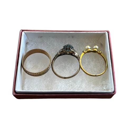 183 - Two 9ct Gold Rings & another in Yellow Metal
Band 2.1g /Blue Glass  2.1g/Pearl & YM 0.9g