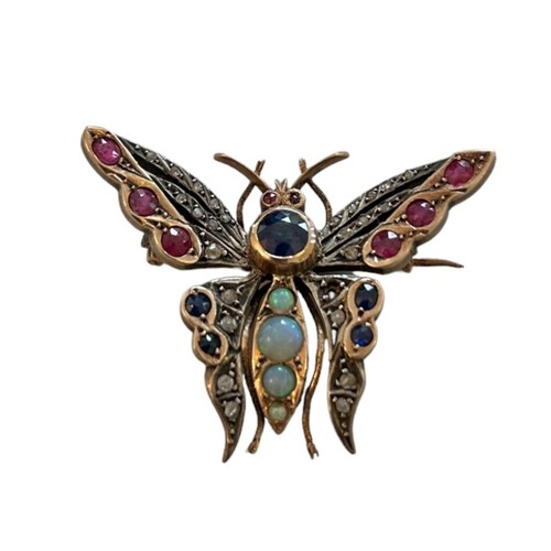 25 - Yellow Gold Antique Butterfly Brooch, silver mounted wings set with Garnets, Sapphires and chip diam... 