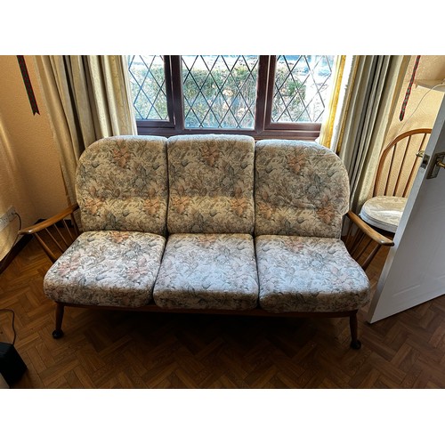 128 - Vintage Mid-century Ercol Windsor 3 seater sofa with two matching arm chairs with original upholster... 