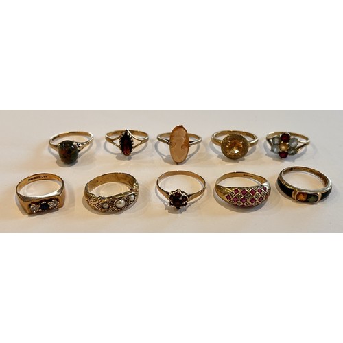 196 - Ten 9ct Gold Stone Set Rings (10) 25.3g gross