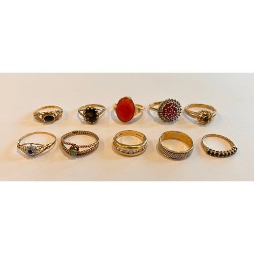 135 - Ten 9ct Gold Stone Set Rings (10) 28.5g gross