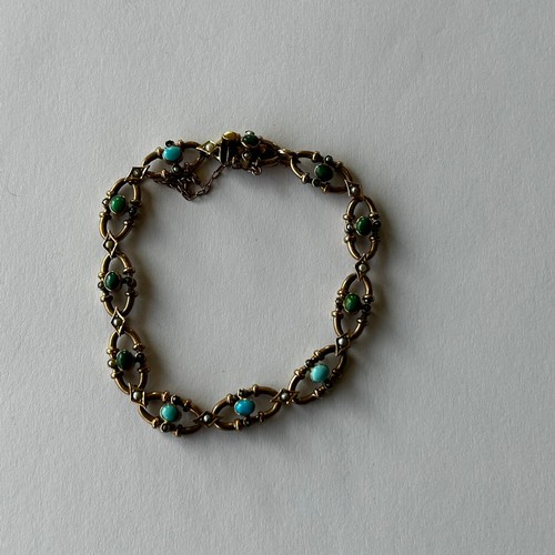 57 - 9ct Gold, Turquoise & Seed Pearl Bracelet 11.5g c.19cm