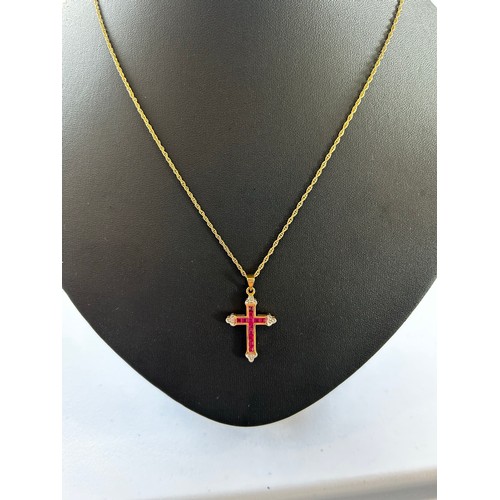 117 - 9ct Gold Chain with 9ct gold Pink Stone Set crucifix, 3.4g gross approx 46cm