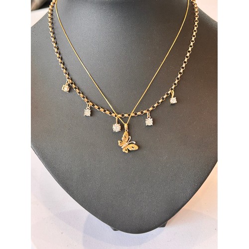 77 - Two 9ct Gold Necklaces, one with stone set pendants (2) 11.0g gross (Butterfly pendant chain AF)