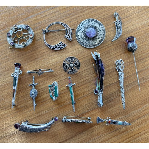 130 - A Collection of approx 16 x Silver Celtic style Brooches, Badges & Pins - 141g gross