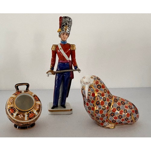 347 - Royal Crown Derbu Walrus (without stopper), Royal Crown Derby Imari Vase & a Figure of a Solider, ta... 