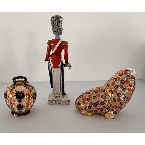 347 - Royal Crown Derbu Walrus (without stopper), Royal Crown Derby Imari Vase & a Figure of a Solider, ta... 