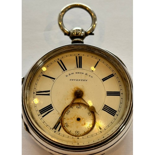 253 - A Silver Open Face Pocket Watch, signed Heys & Co, Coventry.  Hallmark Chester 1892