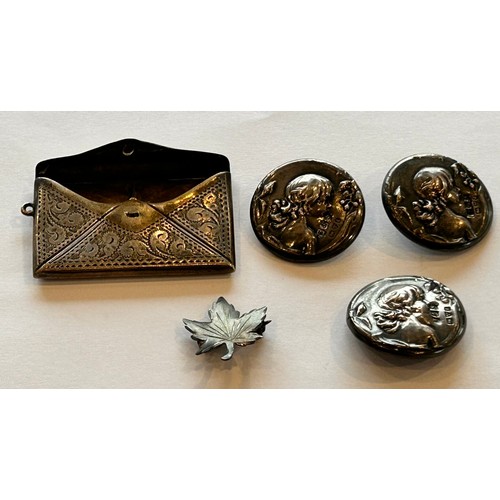 240 - A Silver Stamp Holder, a maple leaf brooch & 3 x Silver Buttons by E J Trevitt & Sons, Chester 1903 ... 