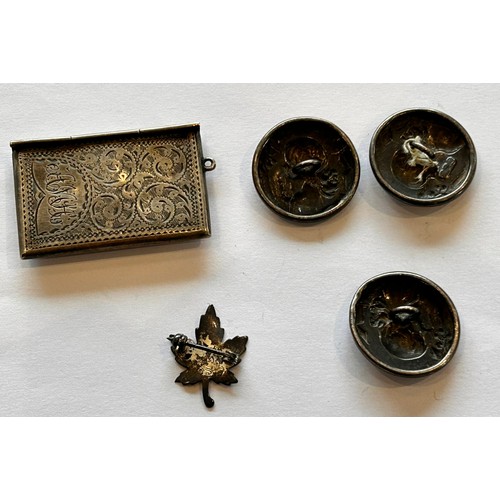 240 - A Silver Stamp Holder, a maple leaf brooch & 3 x Silver Buttons by E J Trevitt & Sons, Chester 1903 ... 