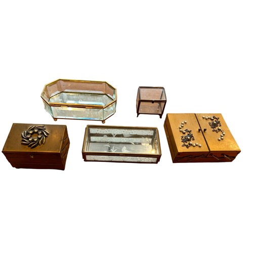 214 - Five Jewellery Boxes, two in the style of miniature Sewing Boxes & Three Decorative Glass Boxes (5)