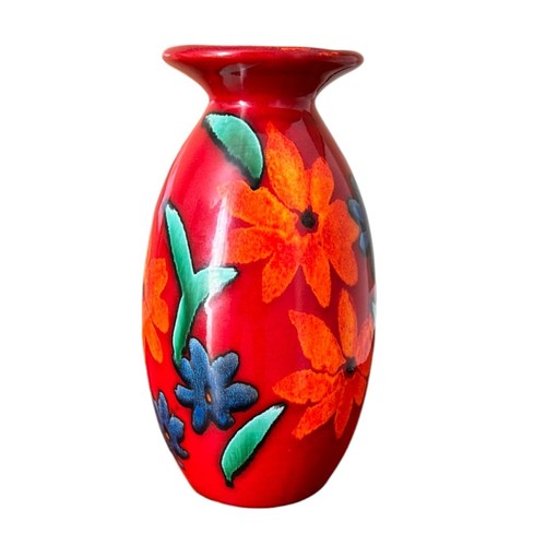 315 - Anita Harris Art Pottery, Minos Vase, Trial Design, Blue, Green & Orange Flower Decoration on Red Gr... 