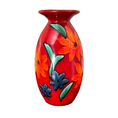 315 - Anita Harris Art Pottery, Minos Vase, Trial Design, Blue, Green & Orange Flower Decoration on Red Gr... 