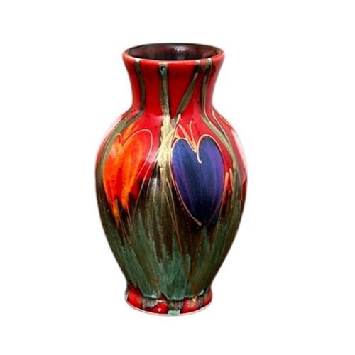 317 - Anita Harris Art Pottery, Vase, Crocus Design in Gold on red ground, H13cm, Stamped AHAP & Signed 'A... 