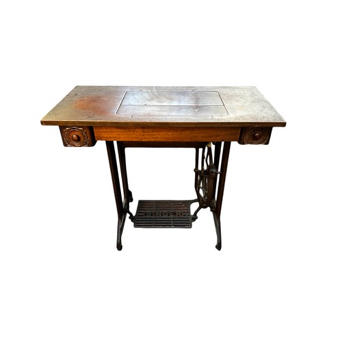 363 - Vintage Singer sewing machine table with later sewing machine