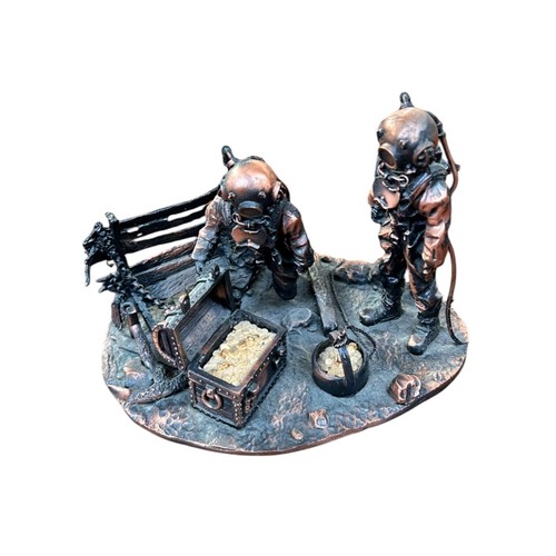 406 - A BRASS AND COPPER MODEL OF A DIVERS HELMET & copper figure of Divers finding sunken treasure (2)